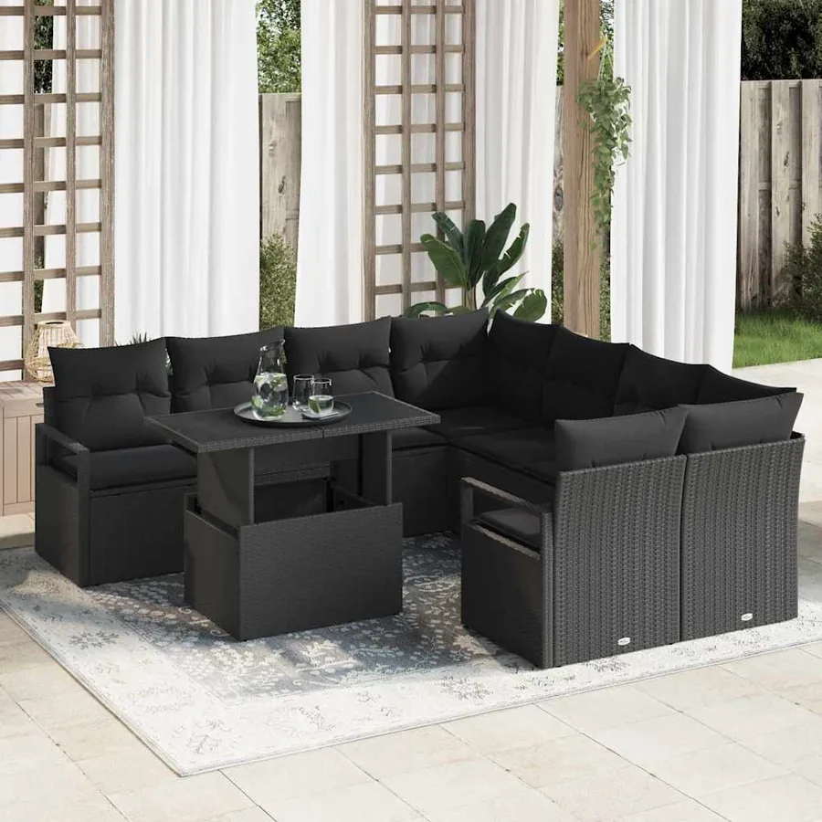 Ensemble de canapé de jardin avec coussin 9 pcs Noir polyrotin