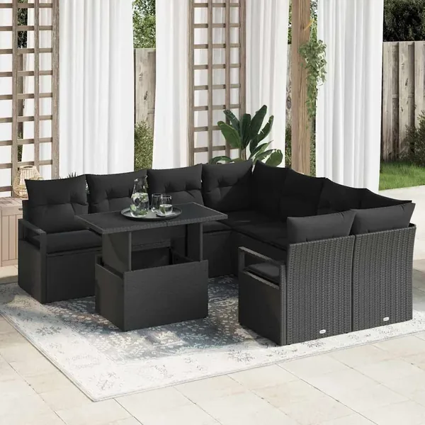 Ensemble de canapé de jardin avec coussin 9 pcs Noir polyrotin