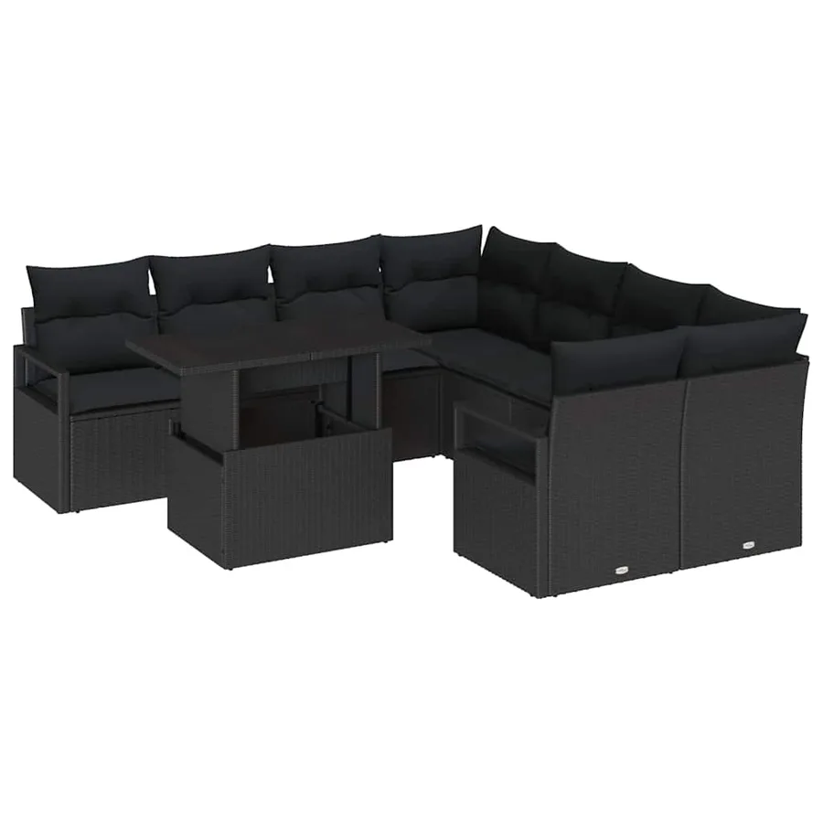Ensemble de canapé de jardin avec coussin 9 pcs Noir polyrotin - 2