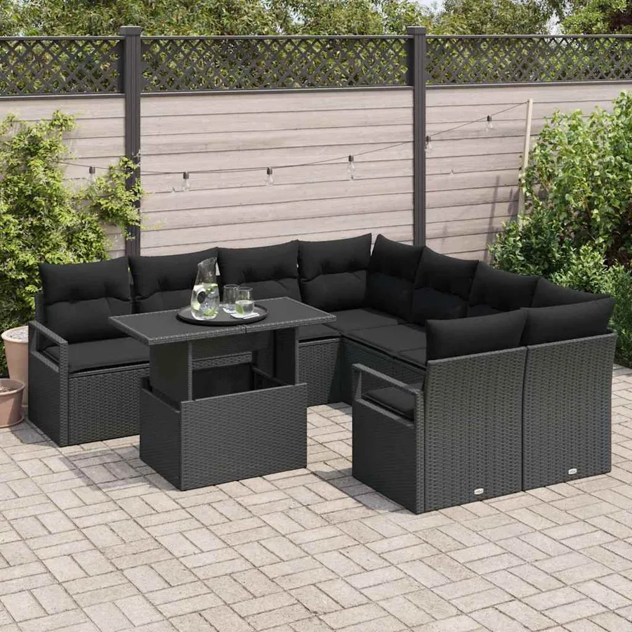 Ensemble de canapé de jardin avec coussin 9 pcs Noir polyrotin - 3