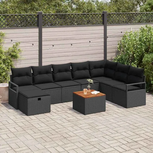 Ensemble de canapé de jardin avec coussin 9 pcs Noir polyrotin