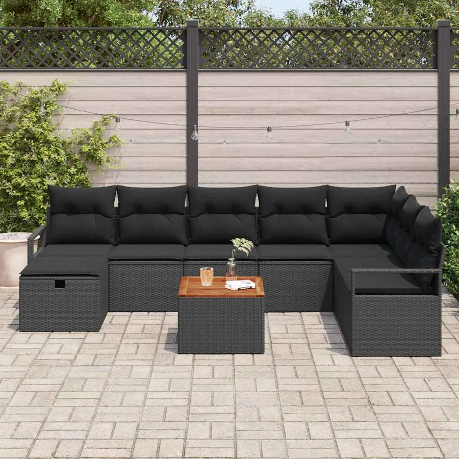 Ensemble de canapé de jardin avec coussin 9 pcs Noir polyrotin - 3