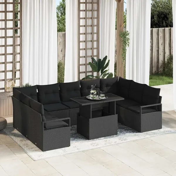 Ensemble de canapé de jardin avec coussin 10 pcs Noir polyrotin