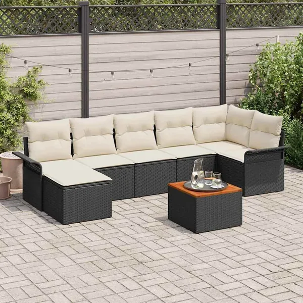 Ensemble de canapé de jardin 8 pcs Noir et Crème polyrotin