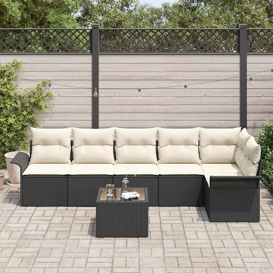 Ensemble de canapé de jardin avec coussin 7 pcs Noir Poly rotin - 3