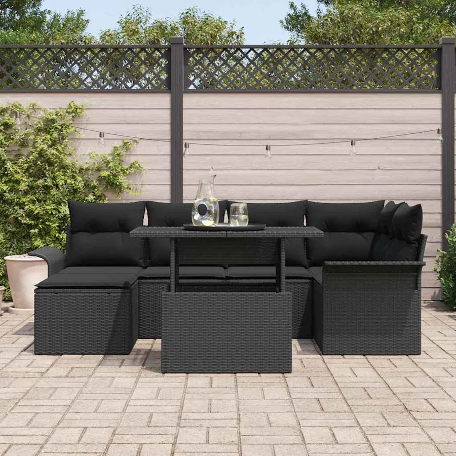 Ensemble de canapé de jardin avec coussin 7 pcs Noir Poly rotin - 3
