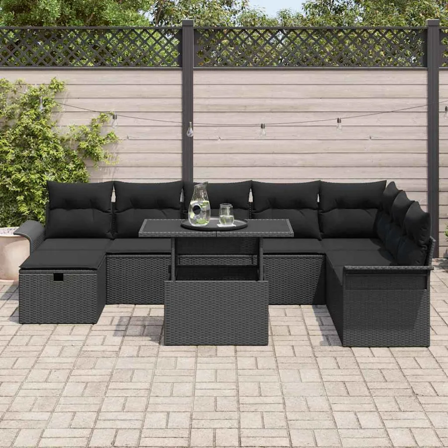 Ensemble de canapé de jardin avec coussin 9 pcs Noir Poly rotin - 3