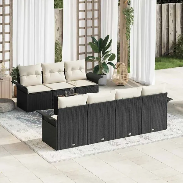 Ensemble de canapé de jardin 8 pcs Noir et Crème polyrotin
