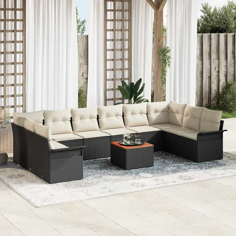 Ensemble de canapé de jardin 11 pcs Noir et Crème polyrotin