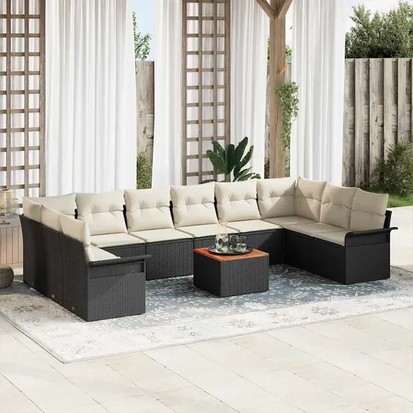 Ensemble de canapé de jardin 11 pcs Noir et Crème polyrotin
