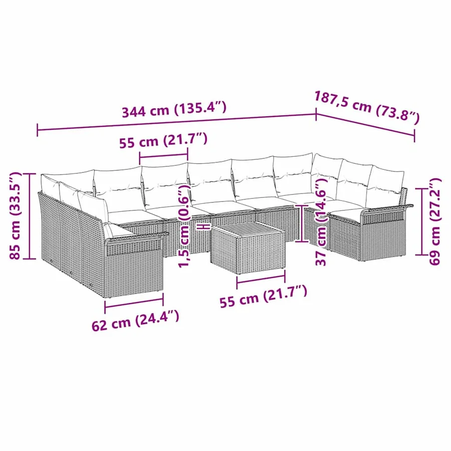Ensemble de canapé de jardin 11 pcs Noir et Crème polyrotin - 13