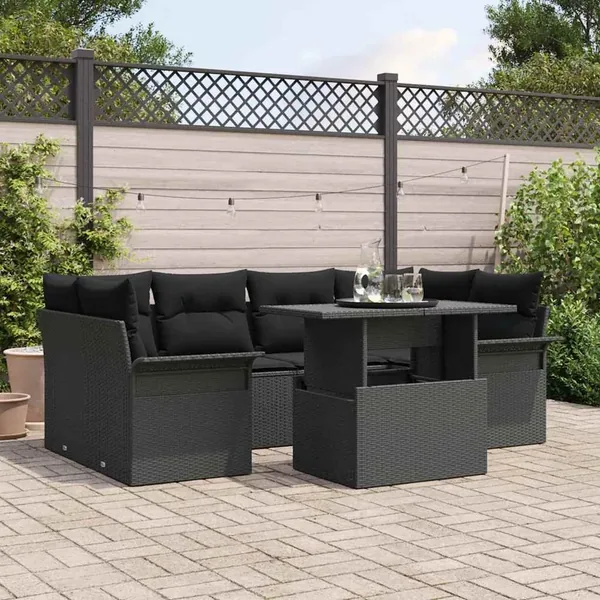Ensemble de canapé de jardin 7 pcs Noir Poly Rattan