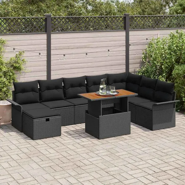 Ensemble de canapé de jardin avec coussin 9 pcs Noir polyrotin