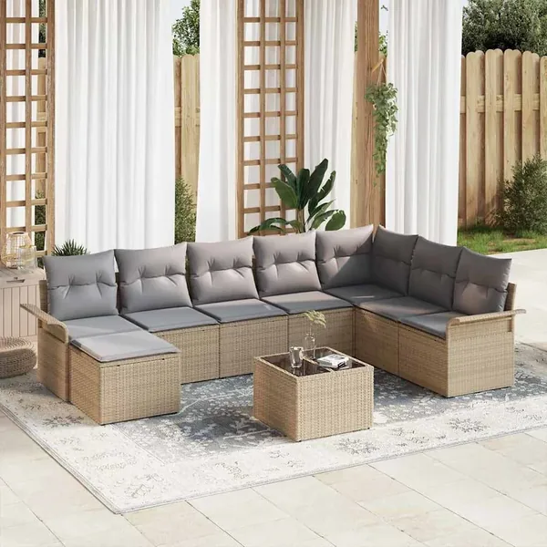 Ensemble de canapé de jardin avec coussin 9 pcs Beige polyrotin