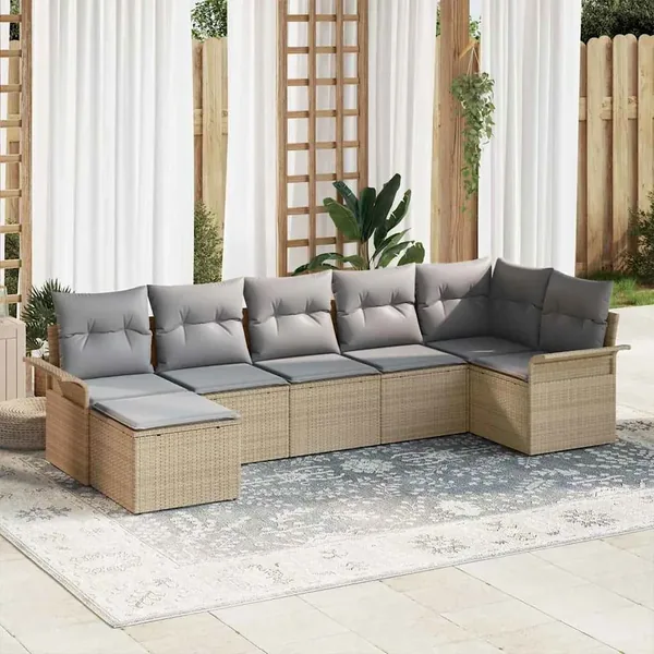 Ensemble de canapé de jardin avec coussin 7 pcs Beige polyrotin