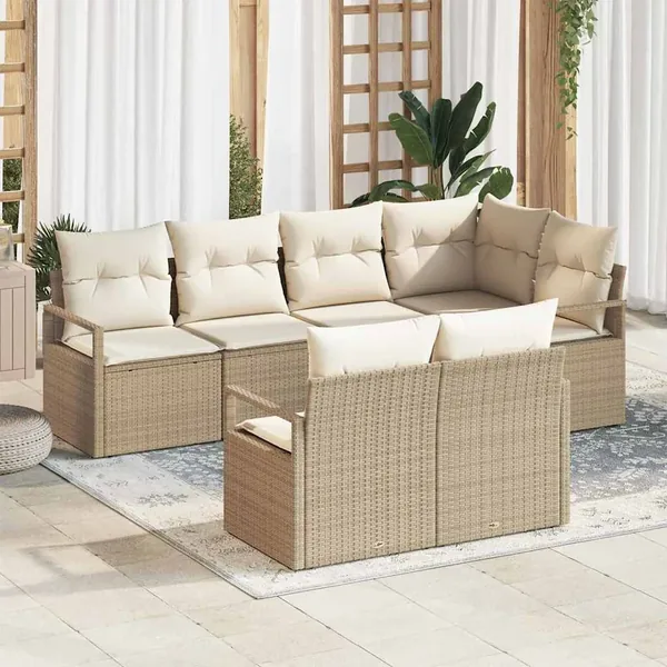 Ensemble de canapé de jardin 7 pcs Beige et blanc polyrotin