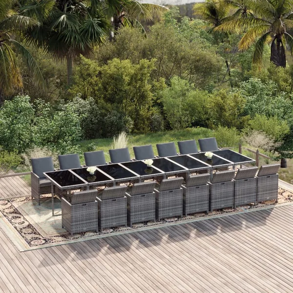Ensemble à manger de jardin 17 pcs et coussins résine tressée