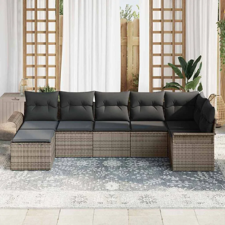 Ensemble de canapé de jardin avec coussin 7 pcs Gris Poly rotin - 3
