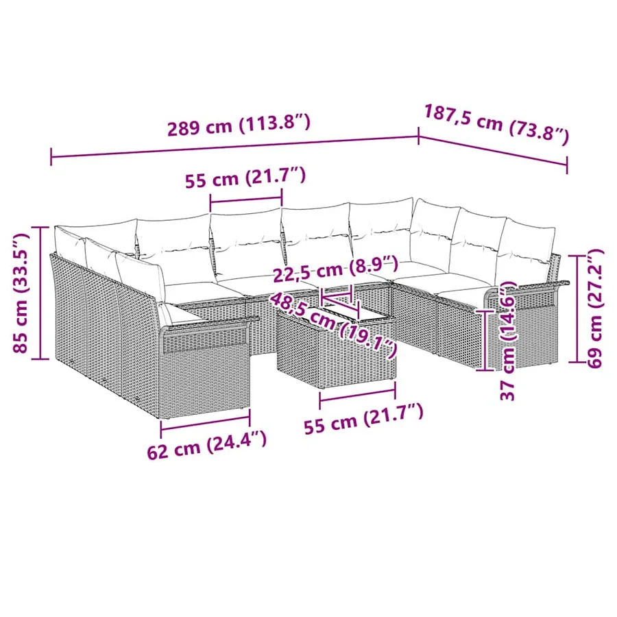 Ensemble de canapé de jardin 10 pcs Noir polyrotin - 17