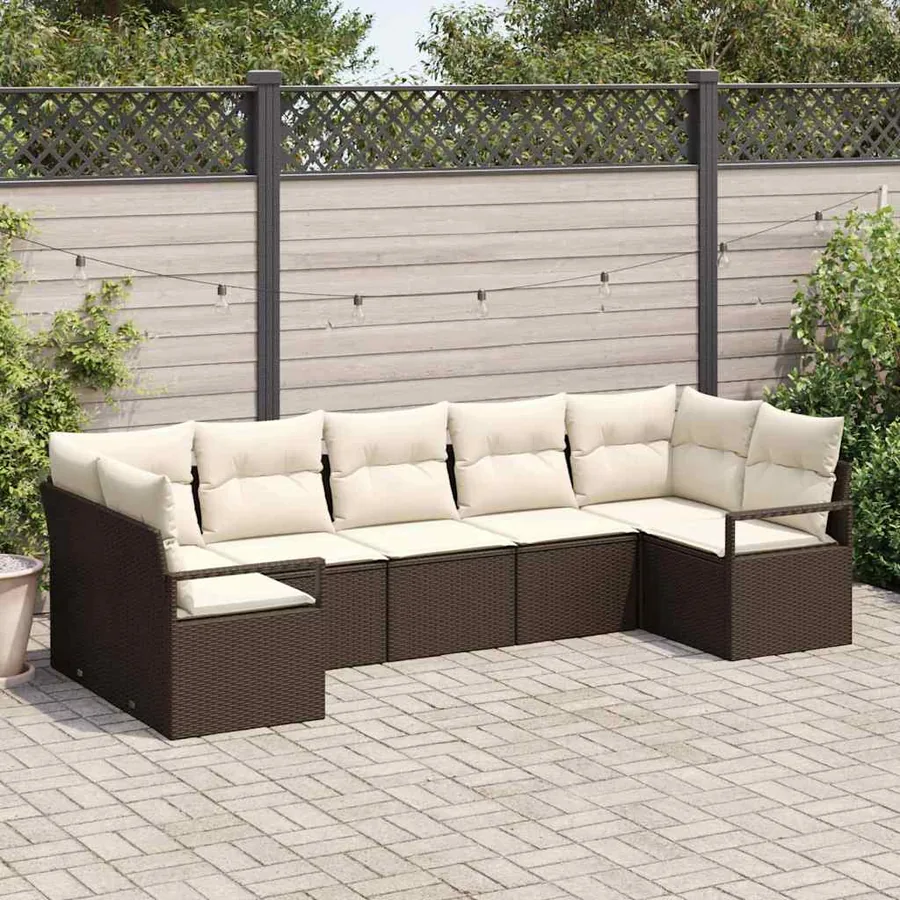 Ensemble de canapé de jardin 7 pcs Marron et blanc polyrotin