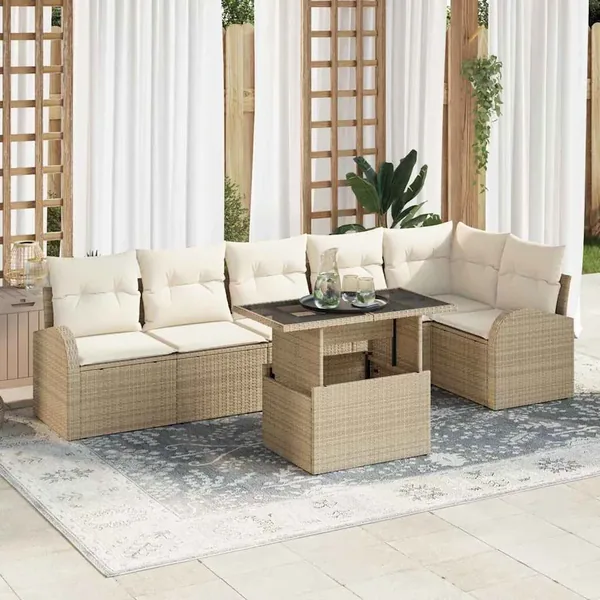 Ensemble de canapé de jardin 7 pcs beige et crème polyrotin