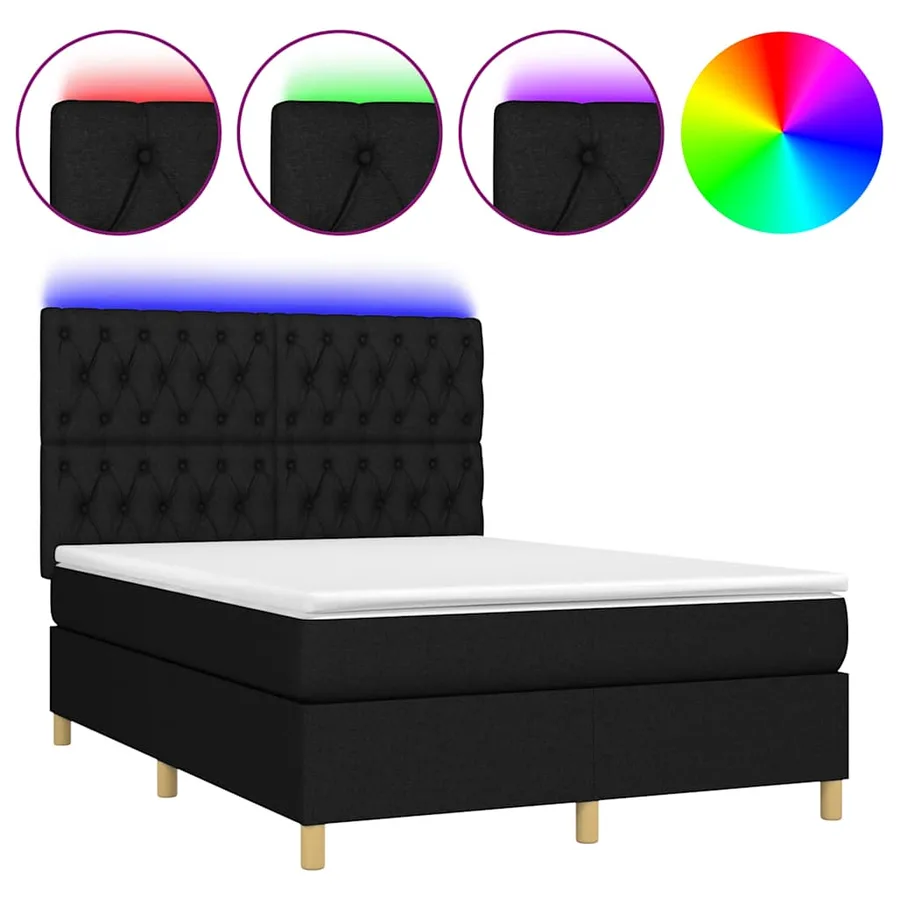 Sommier à lattes de lit et matelas et LED Noir 140x190 cm Tissu - 2