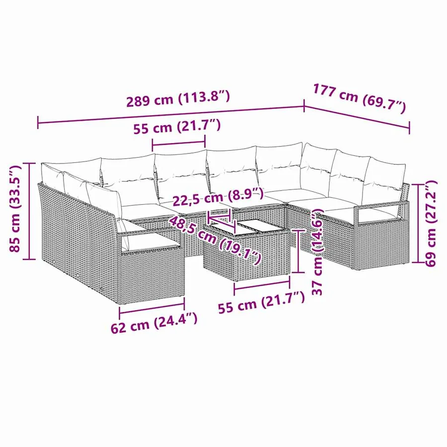 Ensemble de canapé de jardin 10 pcs Gris clair polyrotin - 13