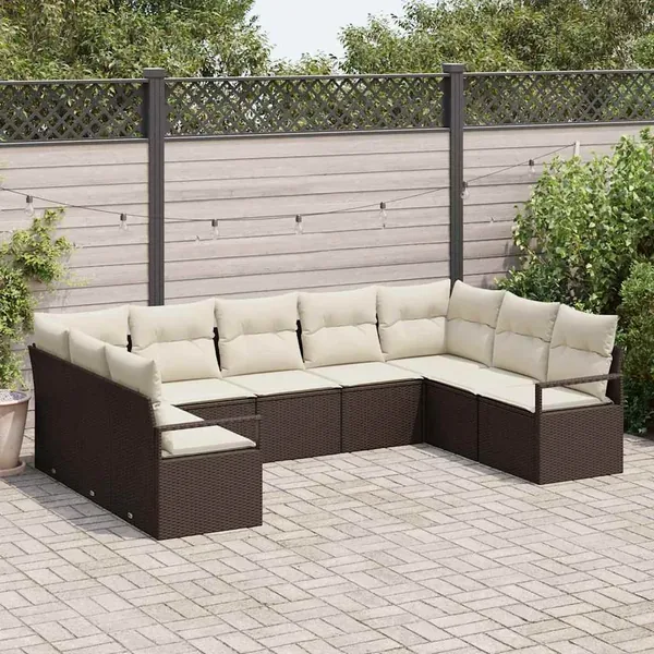 Ensemble de canapé de jardin 9 pcs Marron et blanc polyrotin