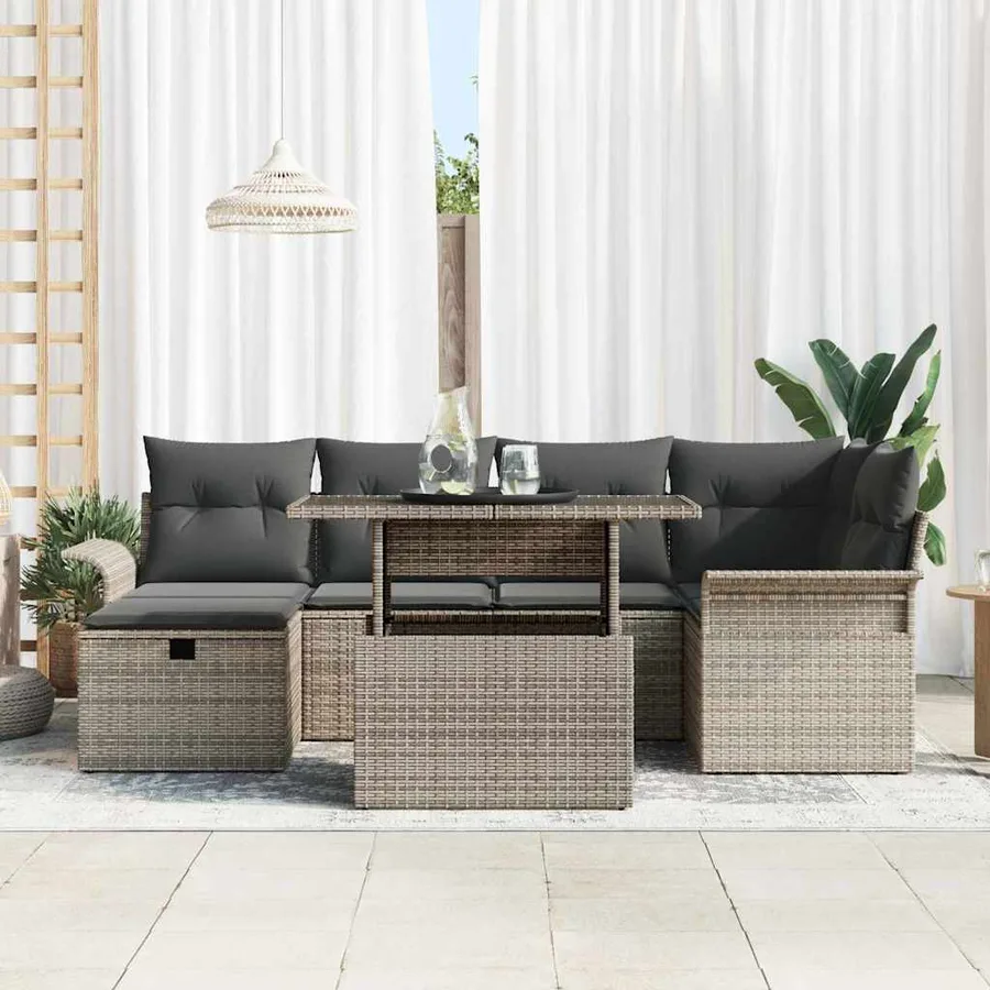 Ensemble de canapé de jardin avec coussin 7 pcs Gris Poly rotin - 3
