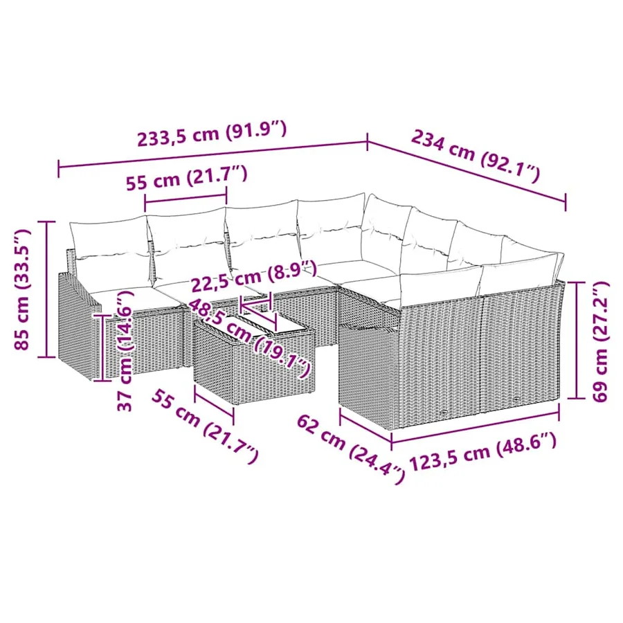 Ensemble de Canapés avec coussin 9 pcs Gris polyrotin - 13