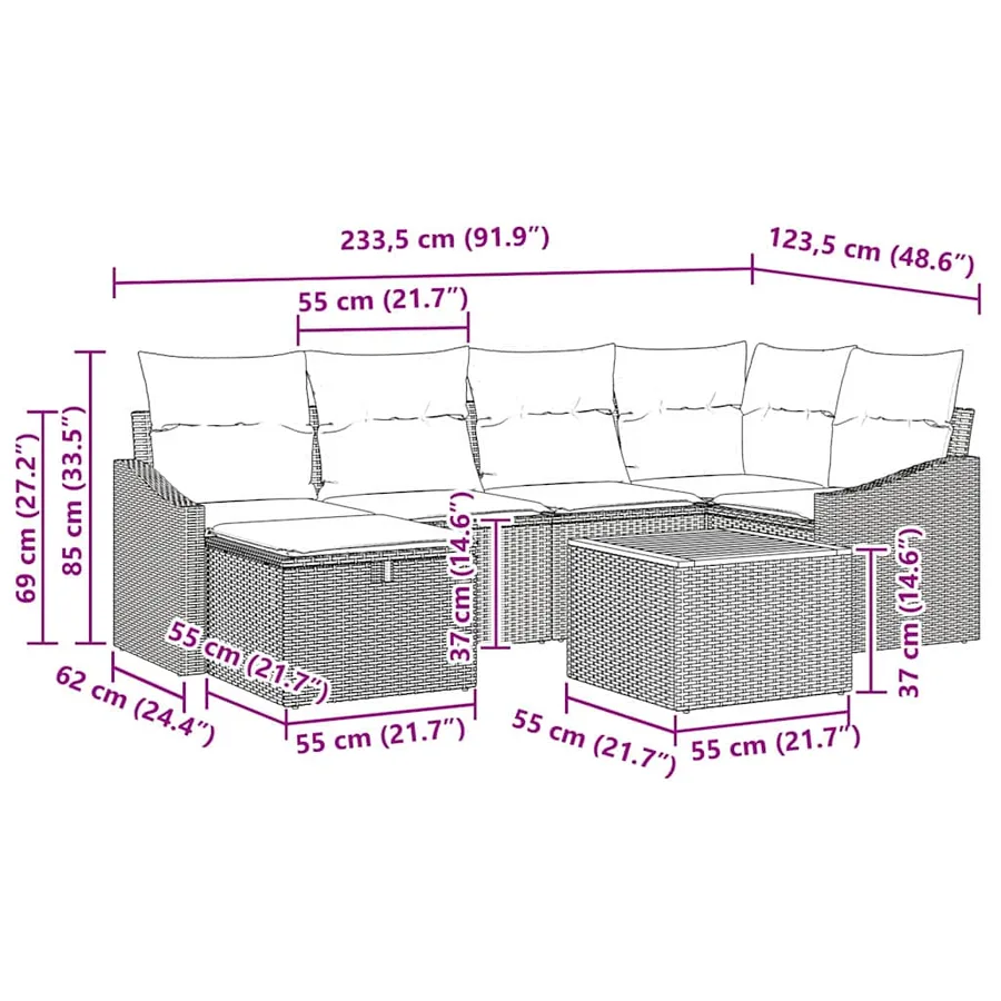 Ensemble de canapé de jardin avec coussin 7 pcs Gris Poly rotin - 15
