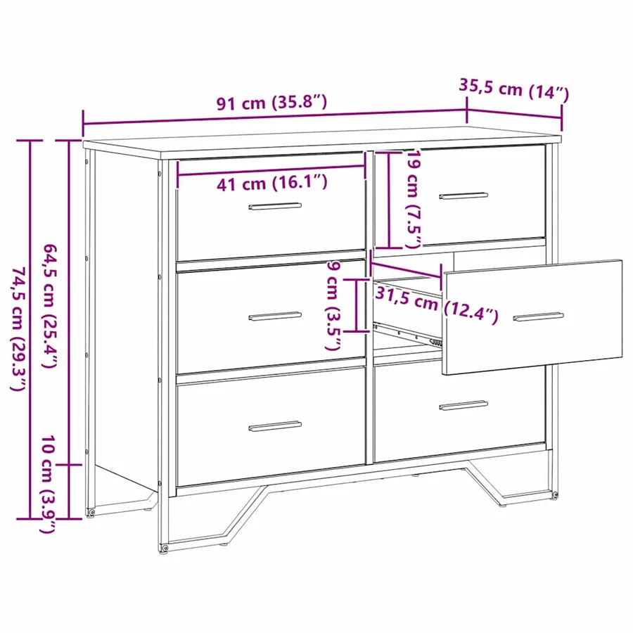 Commode 6-Tiroir Chêne noir 91 x 35,5 x 74,5 cm - 11