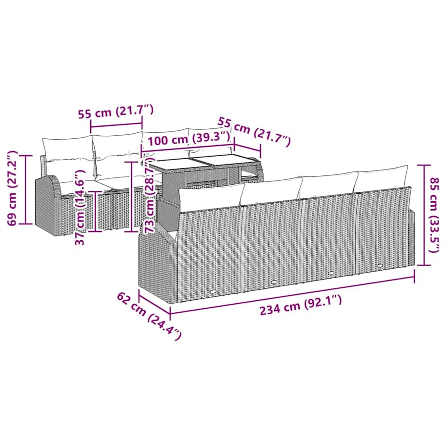 Ensemble de canapé de jardin 9 pcs Gris clair Poly Rattan - 13