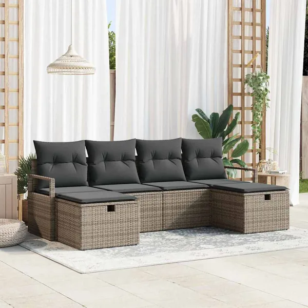 Ensemble de Canapés avec coussin 6 pcs Gris polyrotin