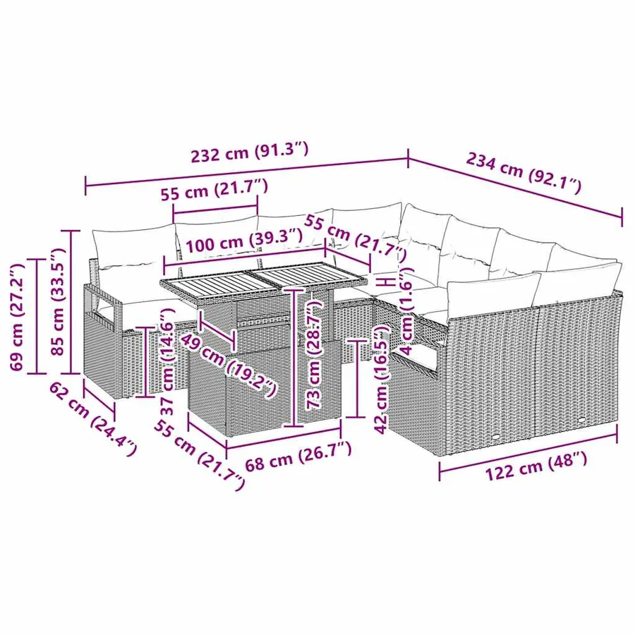 Ensemble de canapé de jardin 9 pc 8-Nombre de places - 11