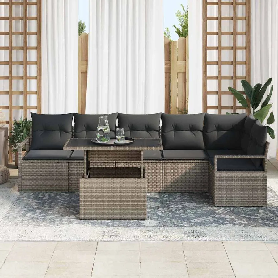 Ensemble de canapé de jardin avec coussin 7 pcs Gris Poly rotin - 3