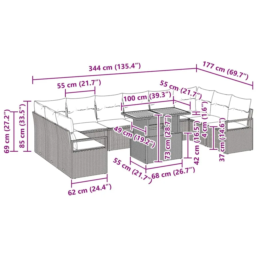 Ensemble de canapé de jardin 11 pc 10-Nombre de places - 11