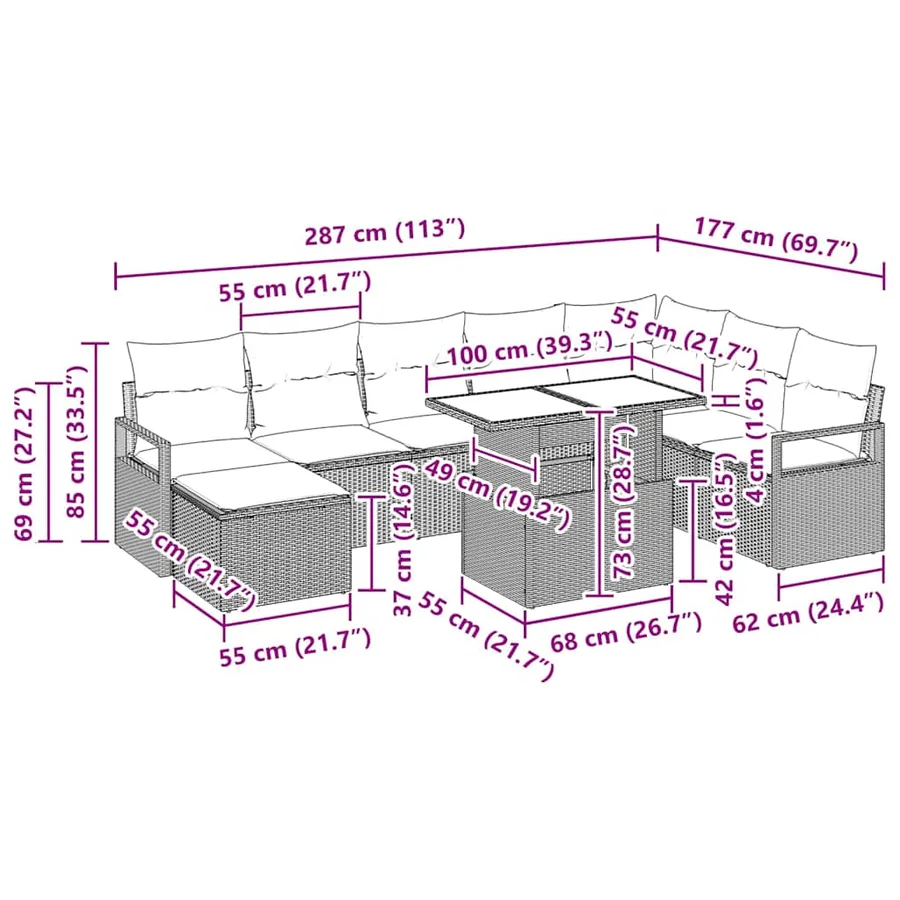 Ensemble de canapé de jardin avec coussin 9 pcs Gris - 12