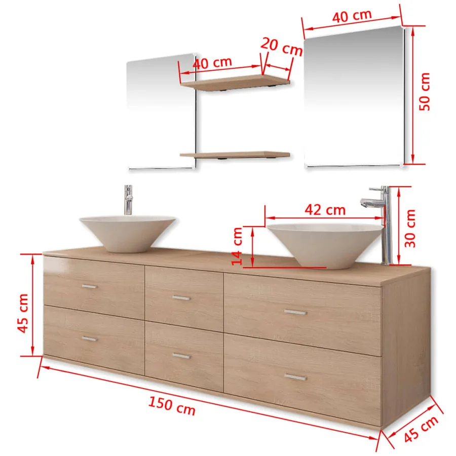Meuble de salle de bain 9 pcs avec lavabo et robinet Beige - 13