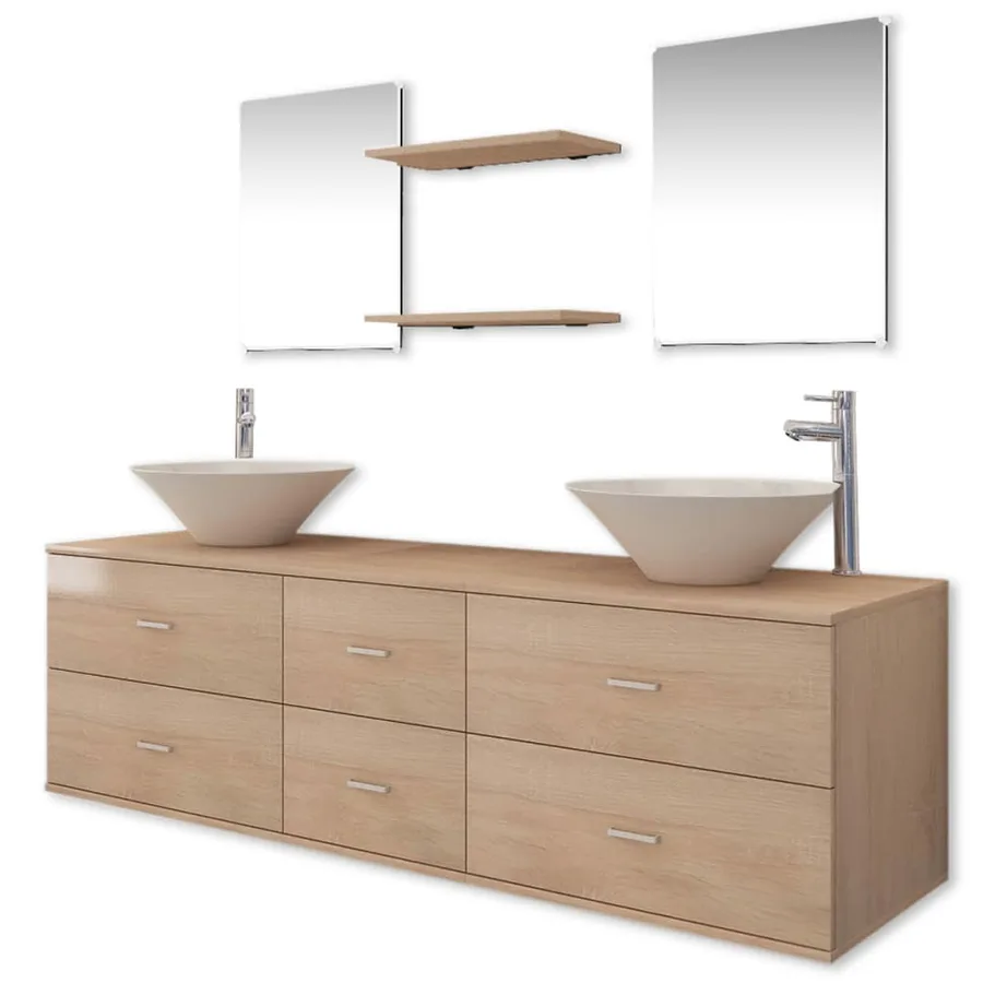 Meuble de salle de bain 9 pcs avec lavabo et robinet Beige - 2