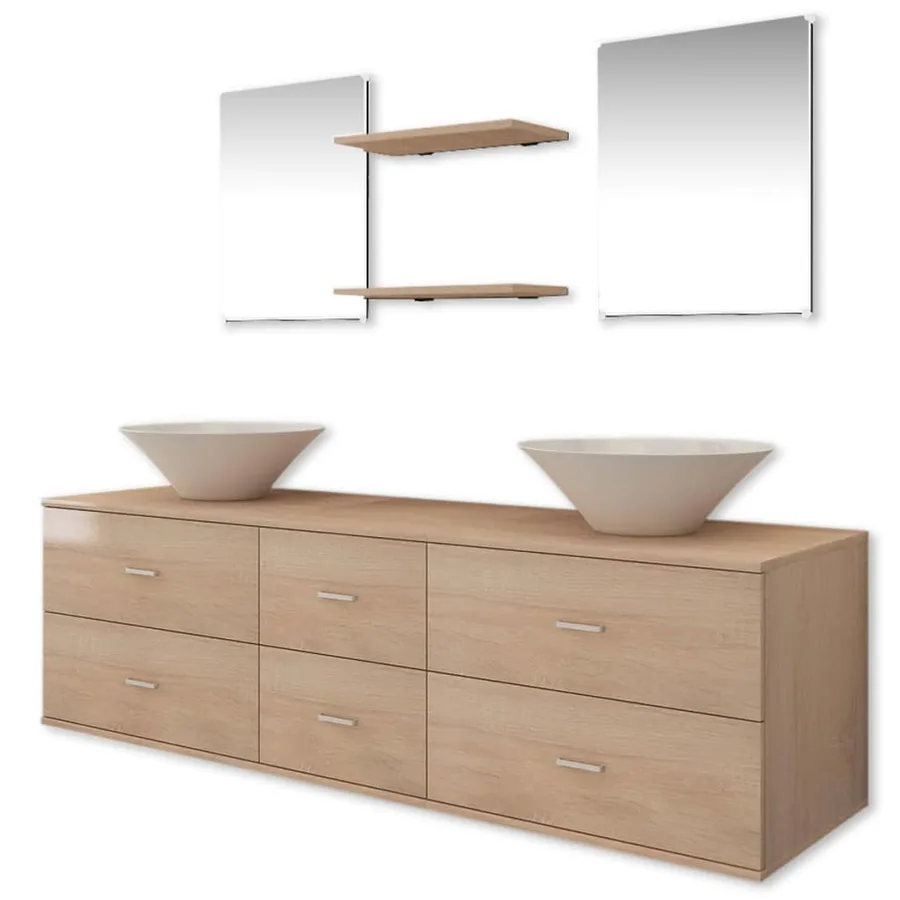 Meuble de salle de bain 9 pcs avec lavabo et robinet Beige - 4