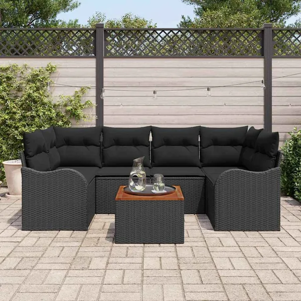 Ensemble de canapé de jardin avec coussin 7 pcs Noir polyrotin