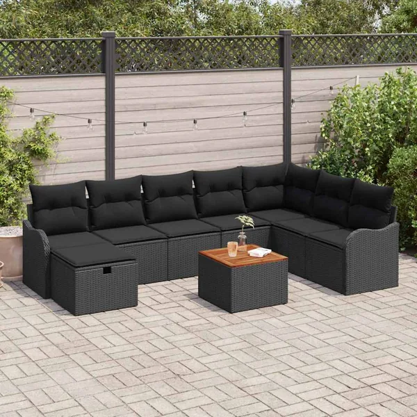 Ensemble de canapé de jardin avec coussin 9 pcs Noir polyrotin