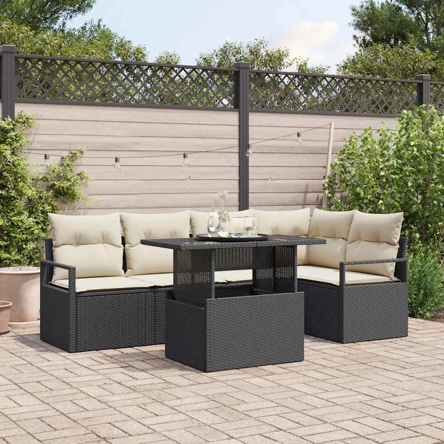 Ensemble de canapé de jardin 6 pcs Noir et Crème polyrotin