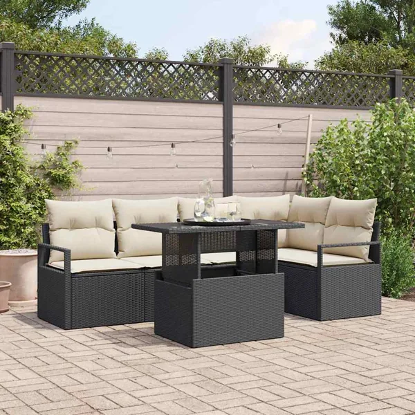 Ensemble de canapé de jardin 6 pcs Noir et Crème polyrotin