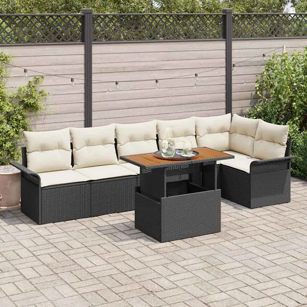 Ensemble de canapé de jardin 7 pcs Noir et Crème polyrotin