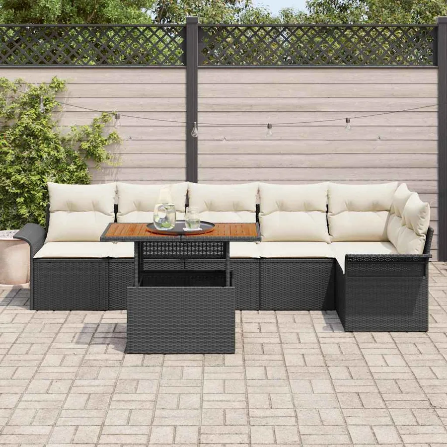 Ensemble de canapé de jardin 7 pcs Noir et Crème polyrotin - 3