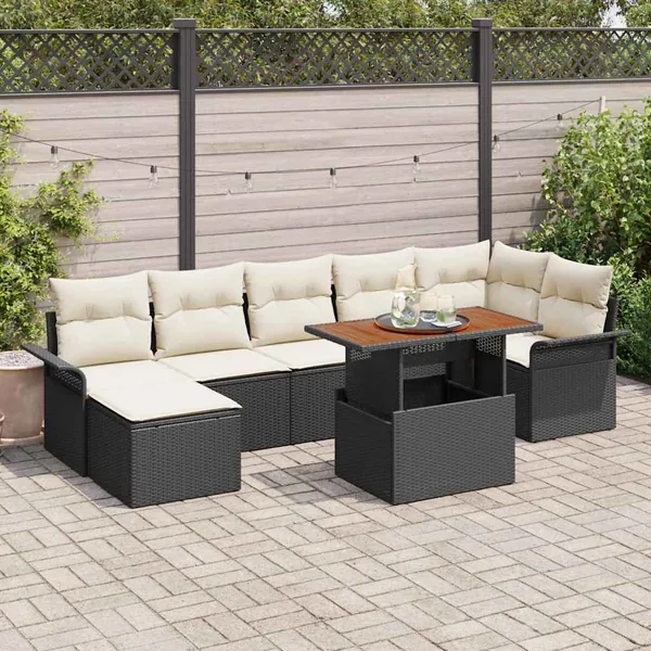 Ensemble de canapé de jardin 8 pcs Noir et Crème polyrotin