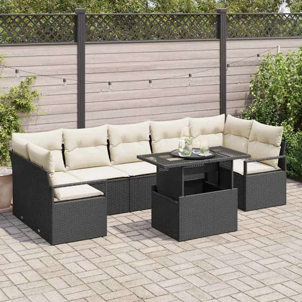 Ensemble de canapé de jardin 8 pcs Noir et crème polyrotin