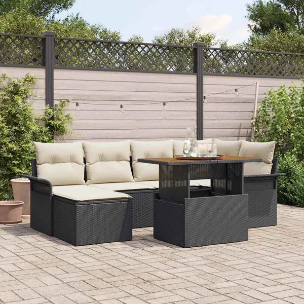 Ensemble de canapé de jardin 7 pcs Noir et Crème polyrotin
